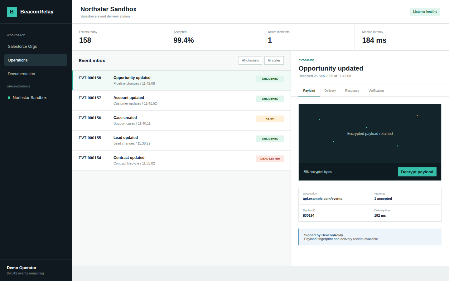 BeaconRelay event inbox and monitoring interface